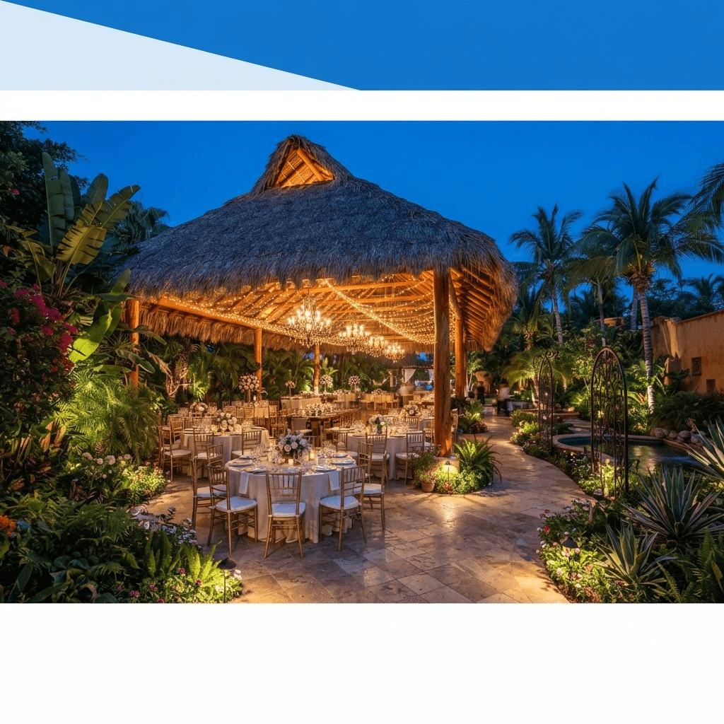 Jardín y palapa de Parlovento iluminados para una recepción